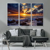 35900590-MGV-CV-36X24-Ocean Sunset Wall Art – Vivid Seascape Canvas Print with Sunburst Sky, Crashing Waves and Rocky Shore, Dramatic Coastal