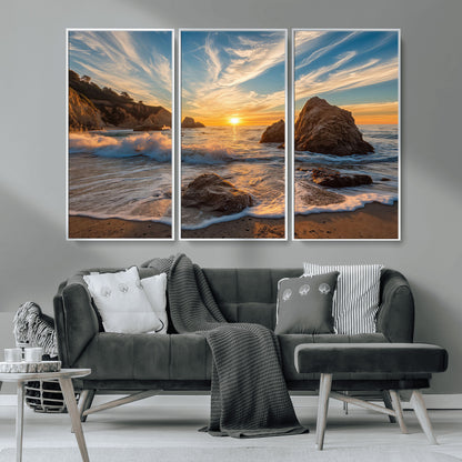 85659923-MGV-CV-36X24-Ocean Sunset Wall Art – Dramatic Seascape Canvas Print with Cliffs, Crashing Waves and Golden Sky, Bold Coastal Photography for