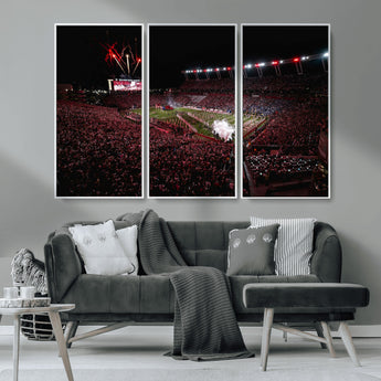 60690191-MGV-CV-36X24-Stadium Wall Art – Night Game Football Canvas Print with Fireworks, Marching Band and Crowd, Panoramic Sports Photography for Man