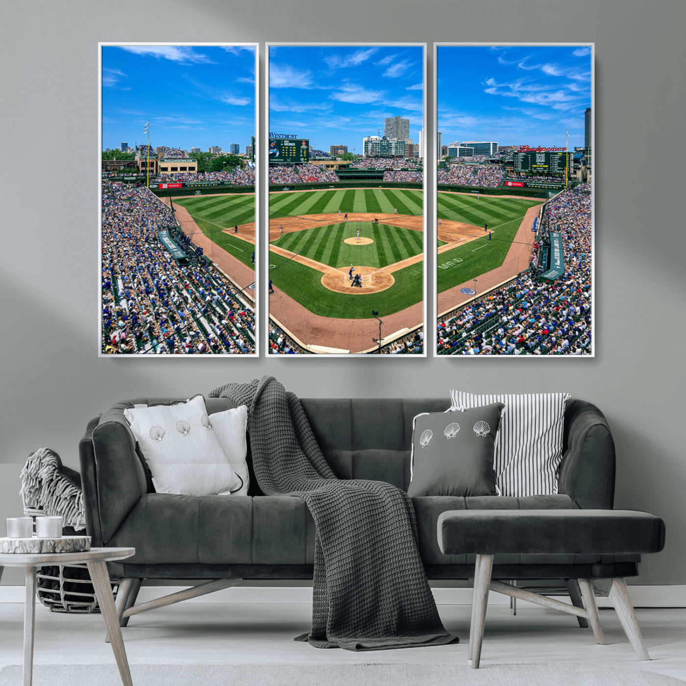 35800083-MGV-CV-36X24-Wrigley Field Baseball Stadium Canvas Wall Art – Packed Crowd Sports Stadium Print, City Skyline Baseball Field Canvas for Game
