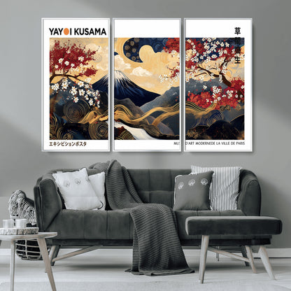 28945903-MGV-CV-36X24-Yayoi Kusama Inspired Japanese Art Canvas Print – Framed Floral & Mt. Fuji Wall Decor, Modern Asian Style Canvas for Home, Office,