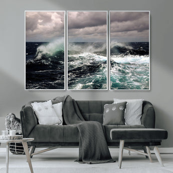 38622353-MGV-CV-36X24-Ocean Wave Wall Art – Dramatic Seascape Canvas Print with Stormy Sky and Crashing Sea, Bold Coastal Photography for Living Room,