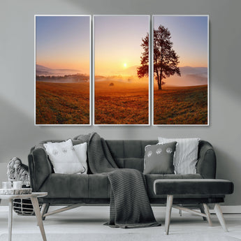 57919623-MGV-CV-36X24-Golden Sunrise Landscape Canvas Wall Art - Framed Misty Field Print, Large Nature Canvas for Living Room, Office, or Home Decor