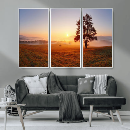57919623-MGV-CV-36X24-Sunrise Landscape Wall Art – Golden Morning Canvas Print with Tree, Misty Hills and Open Field, Peaceful Nature Photography for