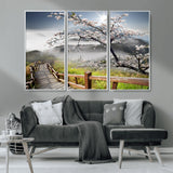34632598CRY-MGV-CV-36X24-Cherry Blossom Wall Art – Scenic Asian Landscape Canvas Print with Wooden Walkway, Misty Mountains and Sunrise, Serene Nature