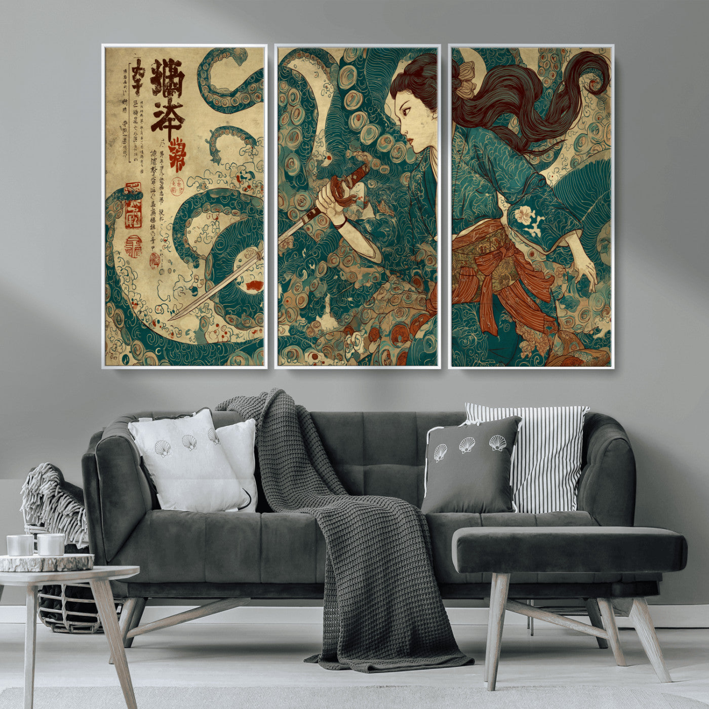 46837670-MGV-CV-36X24-Tsukioka Yoshitoshi Samurai Wall Art Print, Japanese Katana Warrior Canvas Wall Art, Octopus Sea Monster Canvas Print,