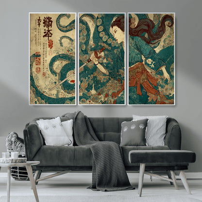 46837670-MGV-CV-36X24-Tsukioka Yoshitoshi Samurai Wall Art Print, Japanese Katana Warrior Canvas Wall Art, Octopus Sea Monster Canvas Print,
