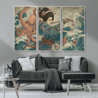 52037775-MGV-CV-36X24-Samurai Woman Wall Art – Japanese Ukiyo e Style Canvas Print with Katana, Ocean Waves and Octopus, Traditional Asian Inspired