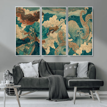 37943964-MGV-CV-36X24-Tsukioka Yoshitoshi Samurai Wall Art Print, Japanese Katana Warrior Canvas Wall Art, Octopus Sea Monster Canvas Print,