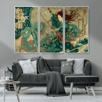 86918027-MGV-CV-36X24-Samurai Warrior vs Octopus Wall Art – Japanese Ukiyo-e Ocean Battle Canvas Print, Traditional Samurai Artwork for Living Room,