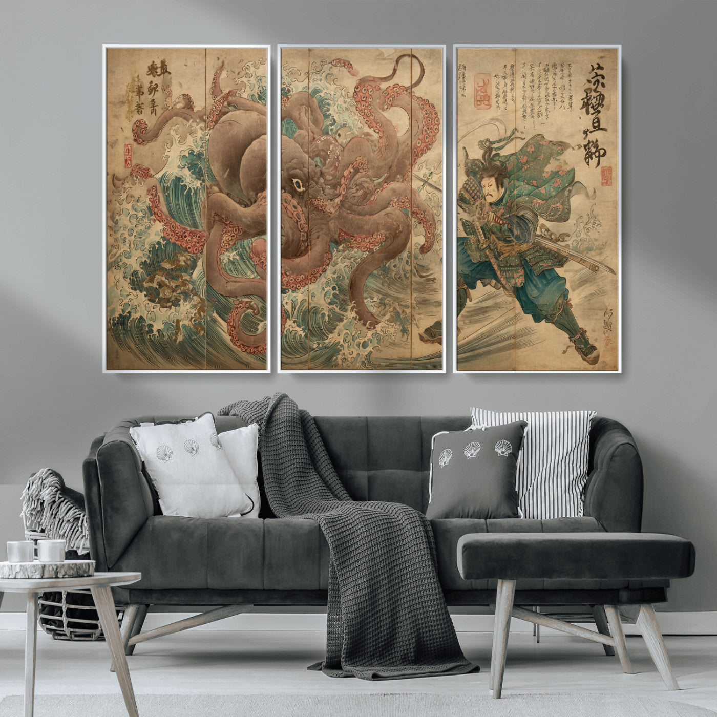 63782167-MGV-CV-36X24-Tsukioka Yoshitoshi Samurai Wall Art Print, Japanese Katana Warrior Canvas Wall Art, Octopus Sea Monster Canvas Print,