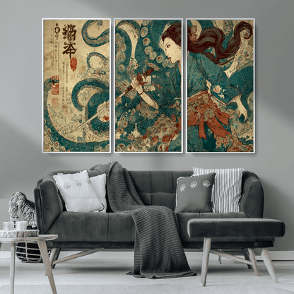 18575670-MGV-CV-36X24-Tsukioka Yoshitoshi Samurai Wall Art Print, Japanese Katana Warrior Canvas Wall Art, Octopus Sea Monster Canvas Print,