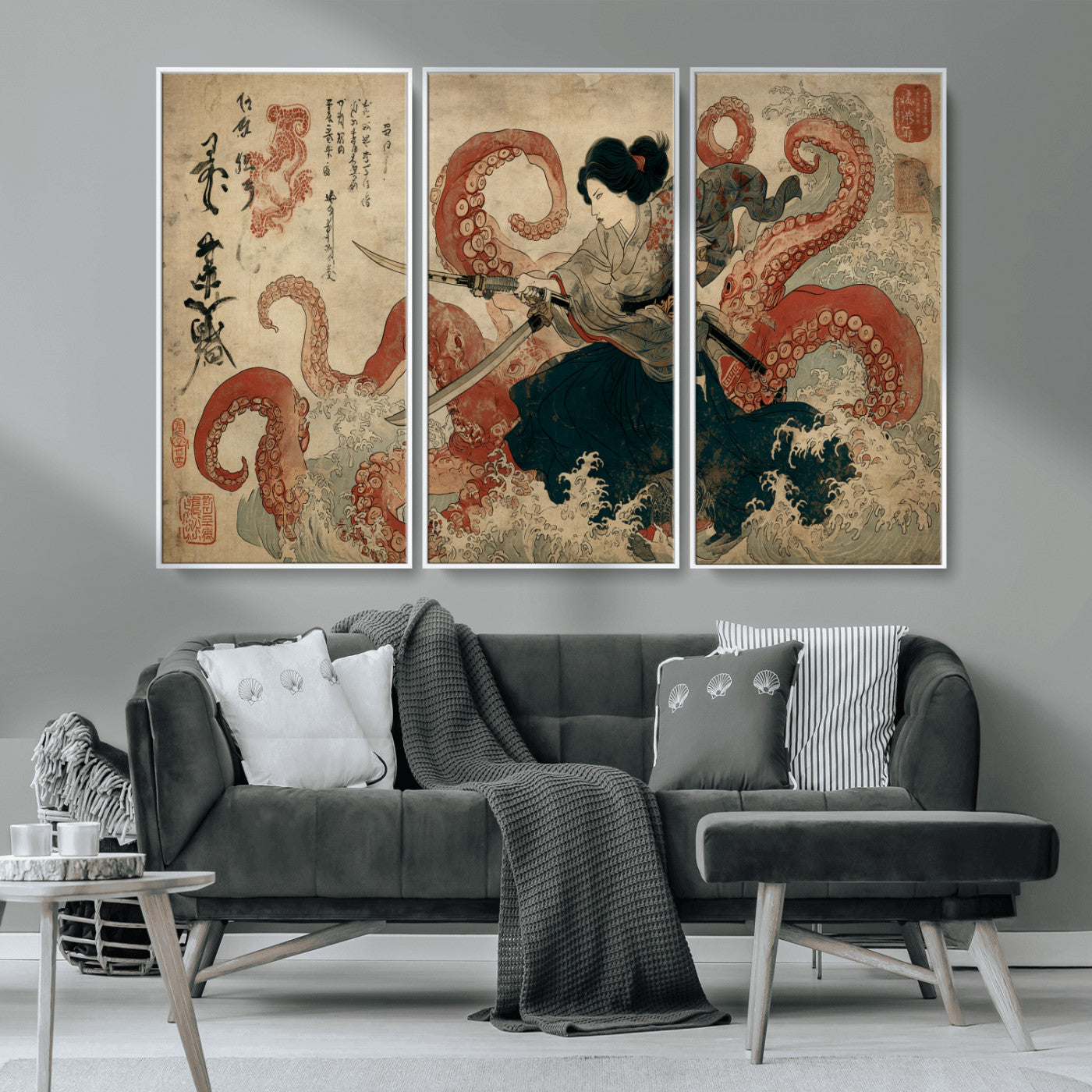 50812504-MGV-CV-36X24-Tsukioka Yoshitoshi Samurai Wall Art Print, Japanese Katana Warrior Canvas Wall Art, Octopus Sea Monster Canvas Print,