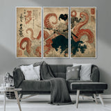 50812504-MGV-CV-36X24-Samurai Woman vs Octopus Wall Art – Japanese Ukiyo-e Red Tentacle Canvas Print, Ocean Battle Artwork for Living Room, Office, Man