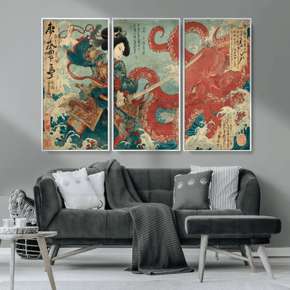 68844327-MGV-CV-36X24-Tsukioka Yoshitoshi Samurai Wall Art Print, Japanese Katana Warrior Canvas Wall Art, Octopus Sea Monster Canvas Print,