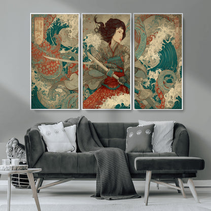 37797255-MGV-FC-48X32-3P_White-Samurai Woman vs Octopus Wall Art – Japanese Ukiyo-e Red Armor Ocean Battle Canvas Print, Warrior Artwork for Living Room, Office,