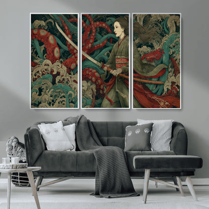18902796-MGV-CV-36X24-Samurai Woman vs Octopus Wall Art – Japanese Ukiyo-e Green Kimono Canvas Print, Ocean Battle Scene Artwork for Living Room,