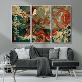 60201267-MGV-CV-36X24-Samurai Woman vs Octopus Wall Art – Japanese Ukiyo-e Armor Canvas Print, Red Tentacle Ocean Battle Artwork for Living Room,