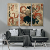 82737246-MGV-CV-36X24-Samurai Woman vs Octopus Wall Art – Japanese Ukiyo-e Dual Sword Canvas Print, Red Tentacle Ocean Battle Artwork for Living Room,