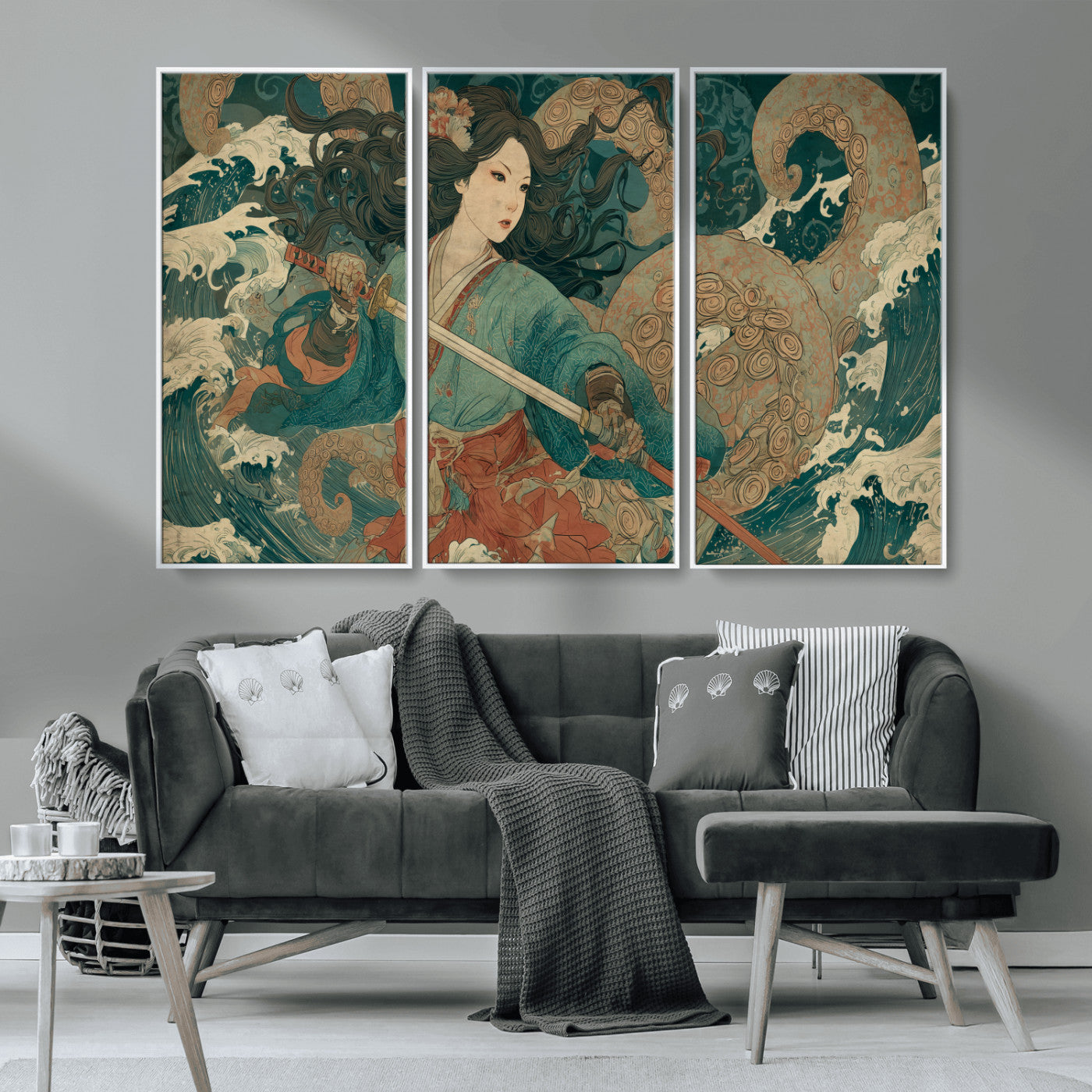 79740258-MGV-CV-36X24-Tsukioka Yoshitoshi Samurai Wall Art Print, Japanese Katana Warrior Canvas Wall Art, Octopus Sea Monster Canvas Print,