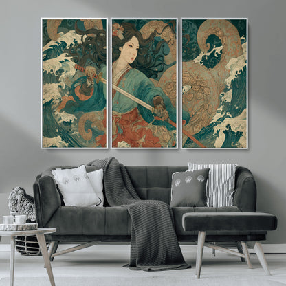 79740258-MGV-CV-36X24-Samurai Woman vs Octopus Wall Art – Japanese Ukiyo-e Blue Kimono Canvas Print, Ocean Battle Artwork for Living Room, Office, Man