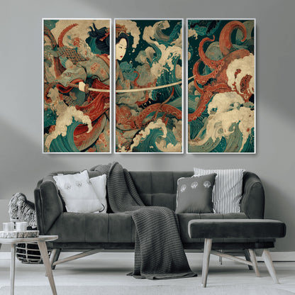 30212982-MGV-CV-36X24-Samurai Woman vs Octopus Wall Art – Japanese Ukiyo-e Style Warrior and Sea Monster Canvas Print, Mythology Inspired Artwork for