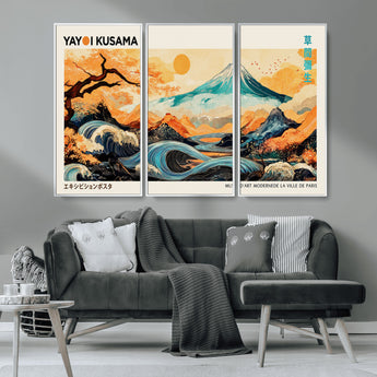 94085549-MGV-CV-36X24-Yayoi Kusama Inspired Japanese Landscape Art Print – Vibrant Mount Fuji, Waves & Autumn Trees, Modern Decorative Poster for