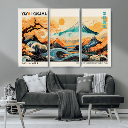 94085549-MGV-CV-36X24-Yayoi Kusama Inspired Japanese Landscape Art Print – Vibrant Mount Fuji, Waves & Autumn Trees, Modern Decorative Poster for