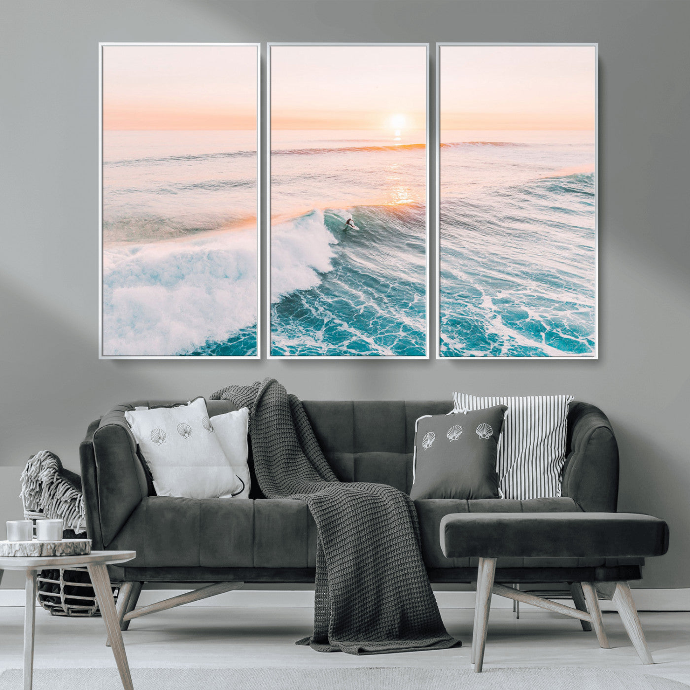 34064591-MGV-CV-36X24-Surfing Wall Art – Sunset Ocean Wave Canvas Print, Surfer Riding Sea Photography Decor for Bedroom, Living Room, Office, Coastal