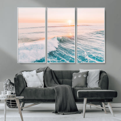 34064591-MGV-CV-36X24-Surfing Wall Art – Sunset Ocean Wave Canvas Print, Surfer Riding Sea Photography Decor for Bedroom, Living Room, Office, Coastal