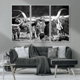 15425553-MGV-CV-36X24-Western Wall Art – Longhorn Cattle Black and White Canvas Print, Rustic Ranch Photography Decor for Bedroom, Living Room, Office,
