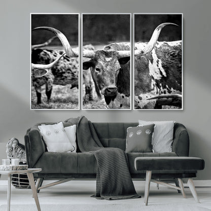 15425553-MGV-CV-36X24-Western Wall Art – Longhorn Cattle Black and White Canvas Print, Rustic Ranch Photography Decor for Bedroom, Living Room, Office,