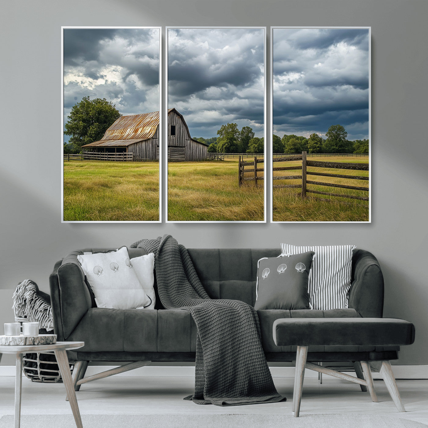 39409517-MGV-CV-36X24-Rustic Barn Wall Art – Weathered Farmhouse and Storm Clouds Canvas Print, Country Landscape Photography Decor for Bedroom, Living