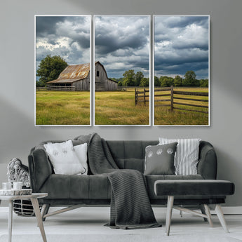 39409517-MGV-CV-36X24-Rustic Barn Wall Art – Weathered Farmhouse and Storm Clouds Canvas Print, Country Landscape Photography Decor for Bedroom, Living