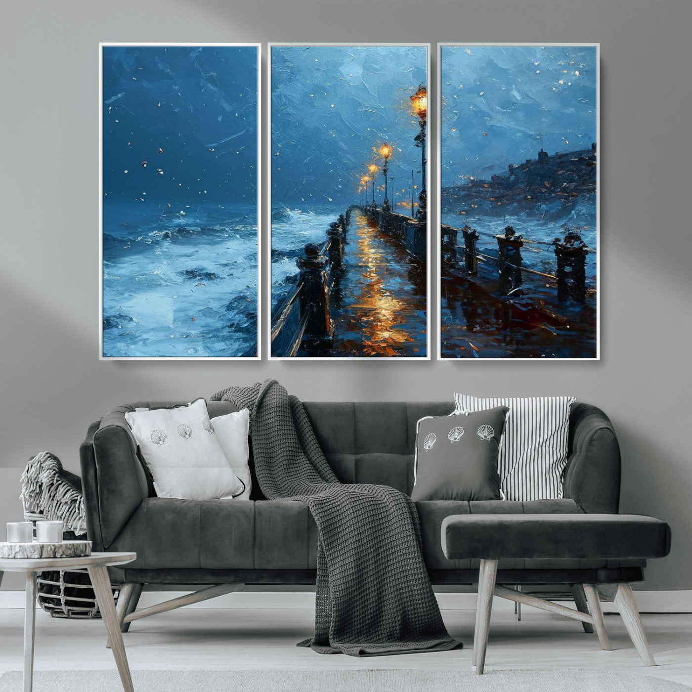93793246-MGV-CV-36X24-Stormy Night Pier Canvas Wall Art – Moody Ocean Landscape with Lights, Blue Coastal Seascape Print for Bedroom, Living Room,