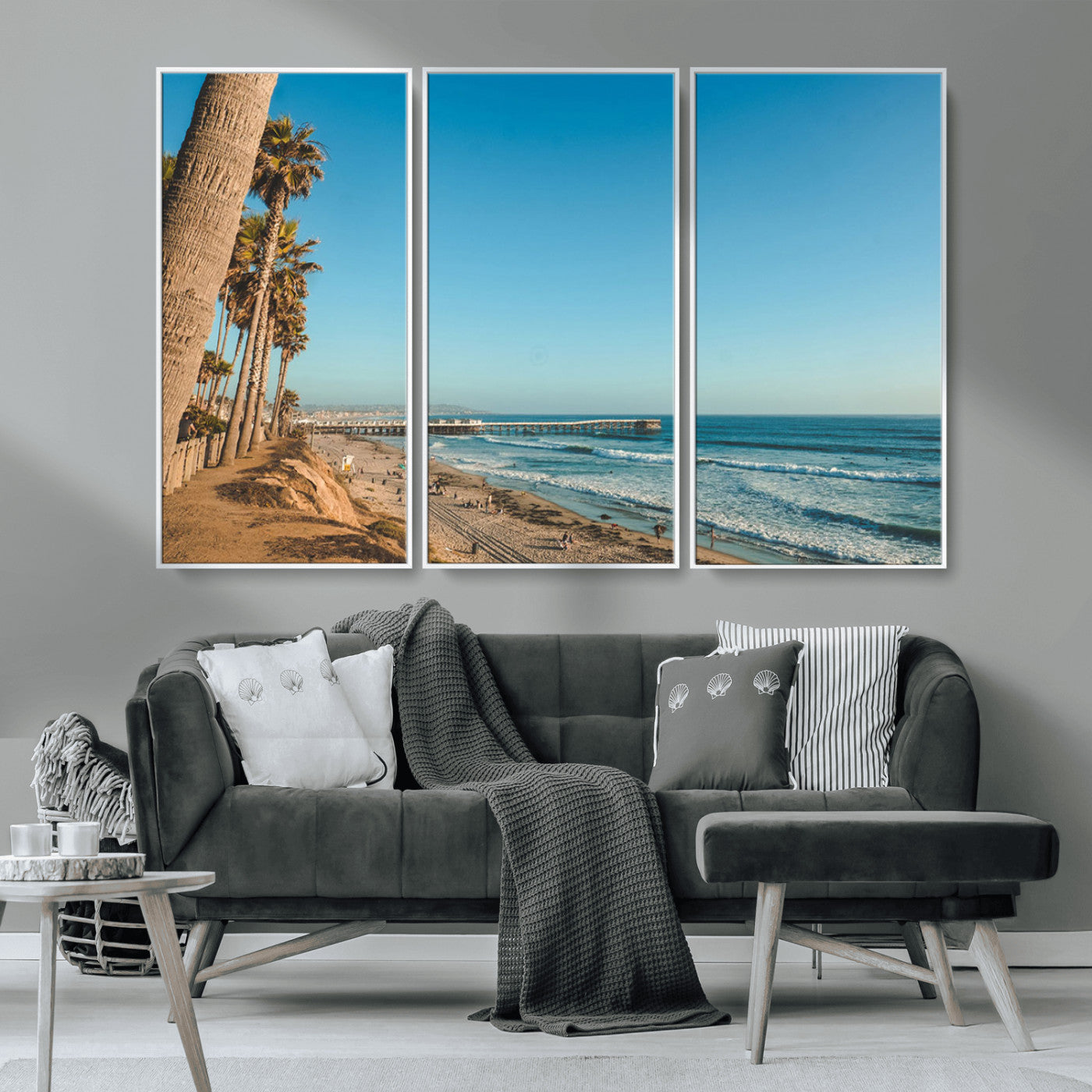 92568259-MGV-FC-48X32-3P_White-California Beach Wall Art – Palm Tree Pier Canvas Print, Coastal Ocean Photography Seaside Decor for Living Room, Bedroom, Office,