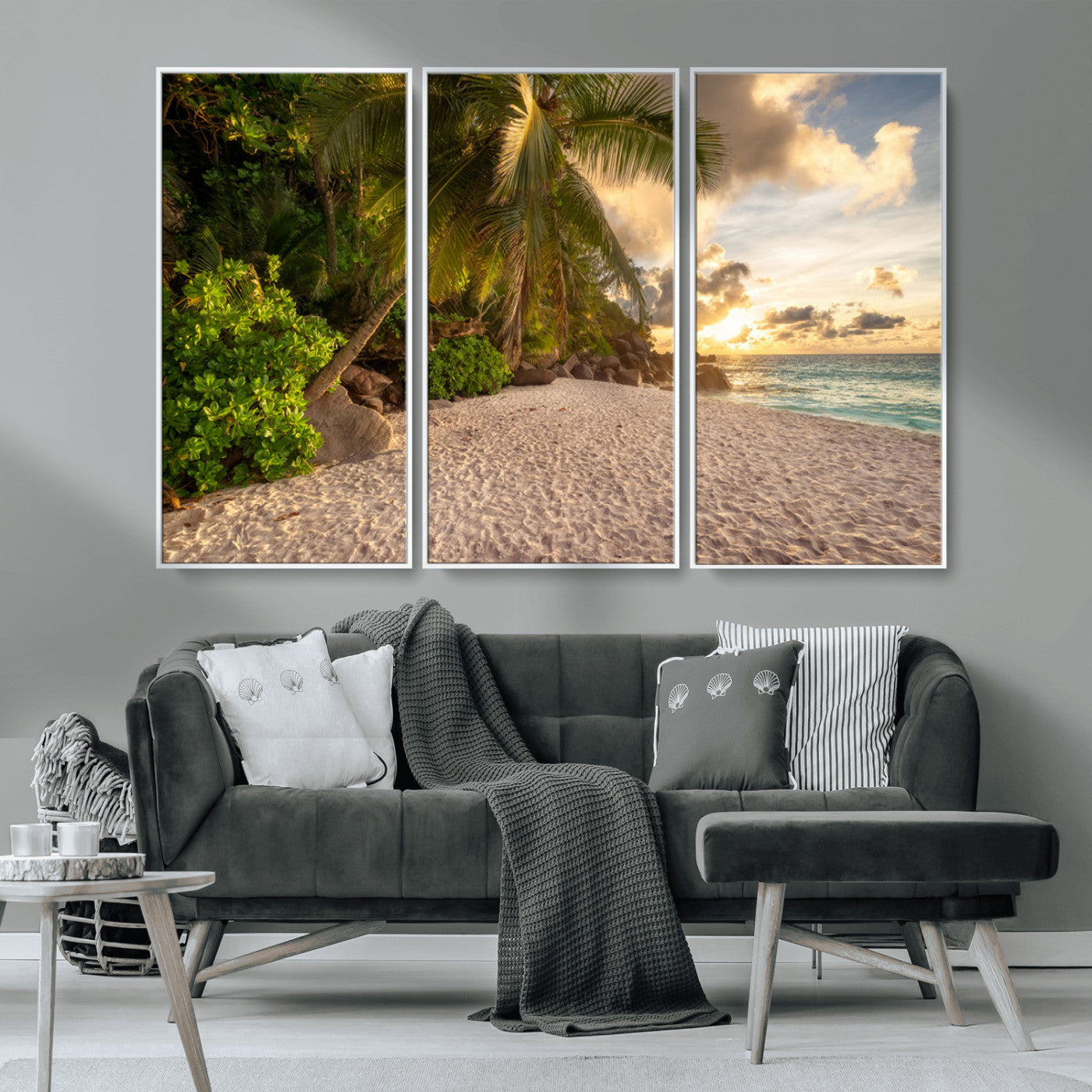 89531159-MGV-CV-36X24-Tropical Beach Sunset Canvas Wall Art – Palm Trees Golden Sand Ocean Waves Coastal Paradise Print for Beach House Bedroom Bathroom
