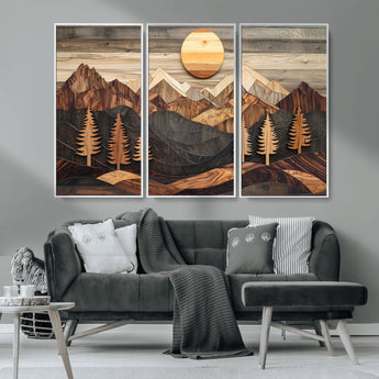 90044381-MGV-CV-36X24-Rustic Wall Art – Wooden Mountain Landscape with Sun and Pine Trees, Handcrafted Nature Canvas Style Decor for Bedroom, Living