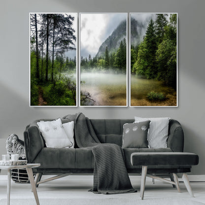 93123937-MGV-CV-36X24-Landscape Wall Art – Misty Mountain Lake Canvas Print, Tranquil Forest and Waterfall Photography Decor for Bedroom, Living Room,