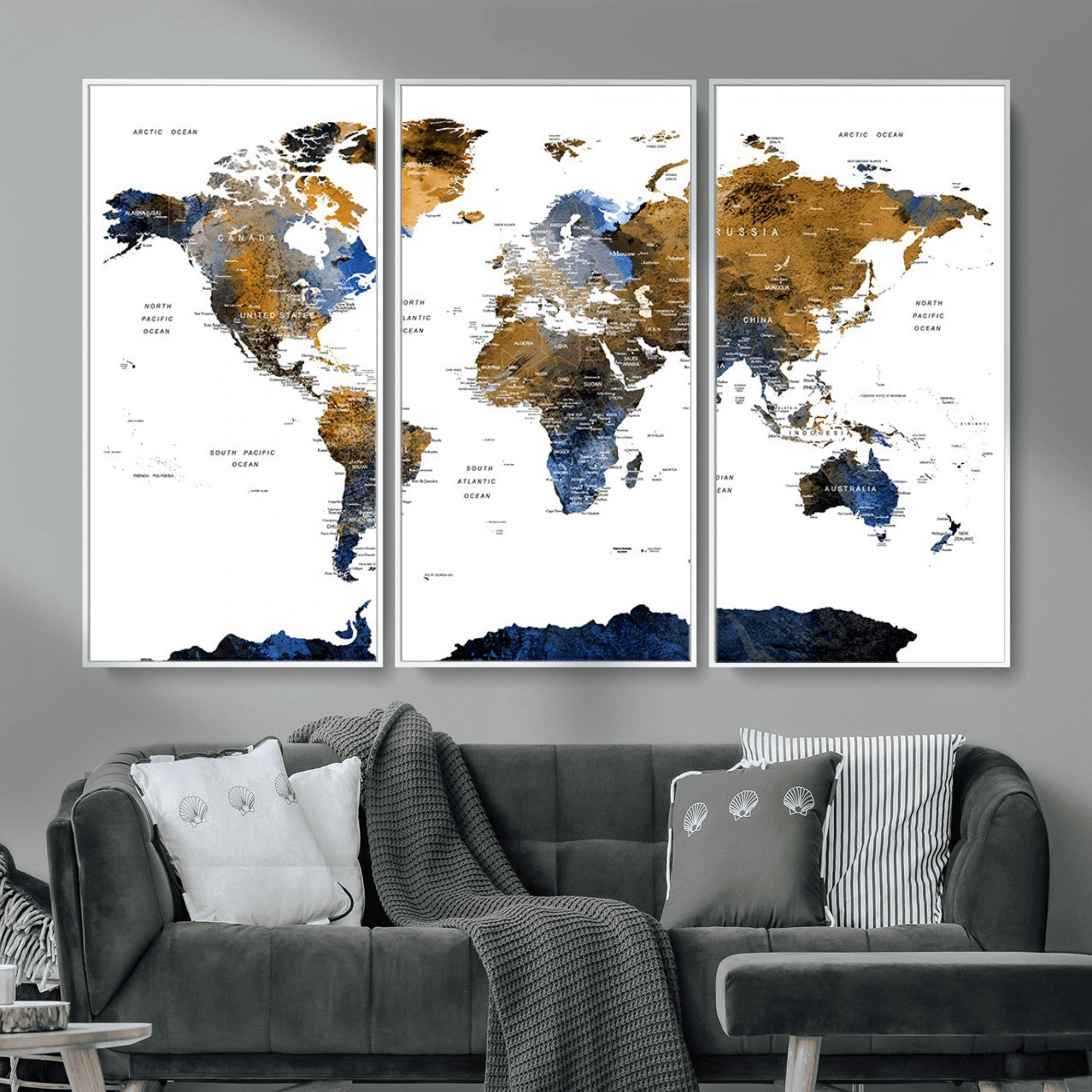 MGV-FC-48X32-3P - World Map Wall Art Canvas Print, Framed Blue Gold Map Art Picture Print, Rustic Atlas Perfect Rustic Modern Decor Artwork
