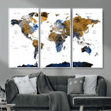 MGV-FC-48X32-3P - World Map Wall Art Canvas Print, Framed Blue Gold Map Art Picture Print, Rustic Atlas Perfect Rustic Modern Decor Artwork