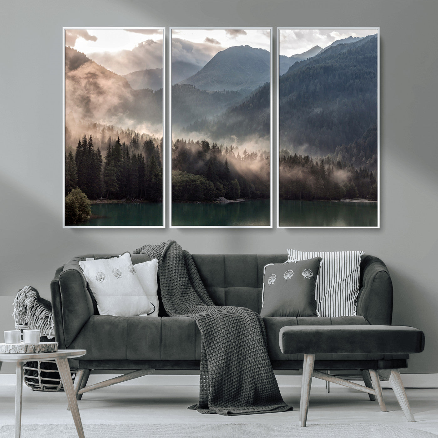 64758-MGV-CV-36X24-Misty Mountains Wall Art Canvas Print, Framed Moody Pines Art Picture Print, Forest Lake Perfect Moody Alpine Decor Artwork