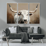 63550-MGV-CV-36X24-Texas Longhorn Wall Art Canvas Print, Framed White Bull Art Picture Print, Horned Cattle Perfect Rustic Western Decor Artwork