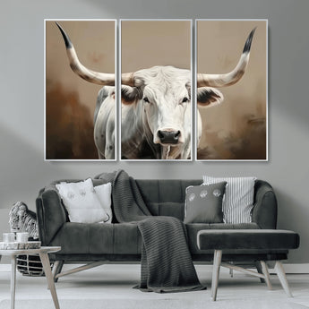 63550-MGV-CV-36X24-Texas Longhorn Wall Art Canvas Print, Framed White Bull Art Picture Print, Horned Cattle Perfect Rustic Western Decor Artwork