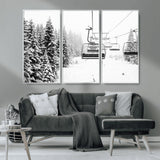 49274-MGV-CV-36X24-Snowy Forest Wall Art Canvas Print, Framed Ski Lift Art Picture Print, Mountain Snow Perfect Minimal Winter Lodge Decor Artwork