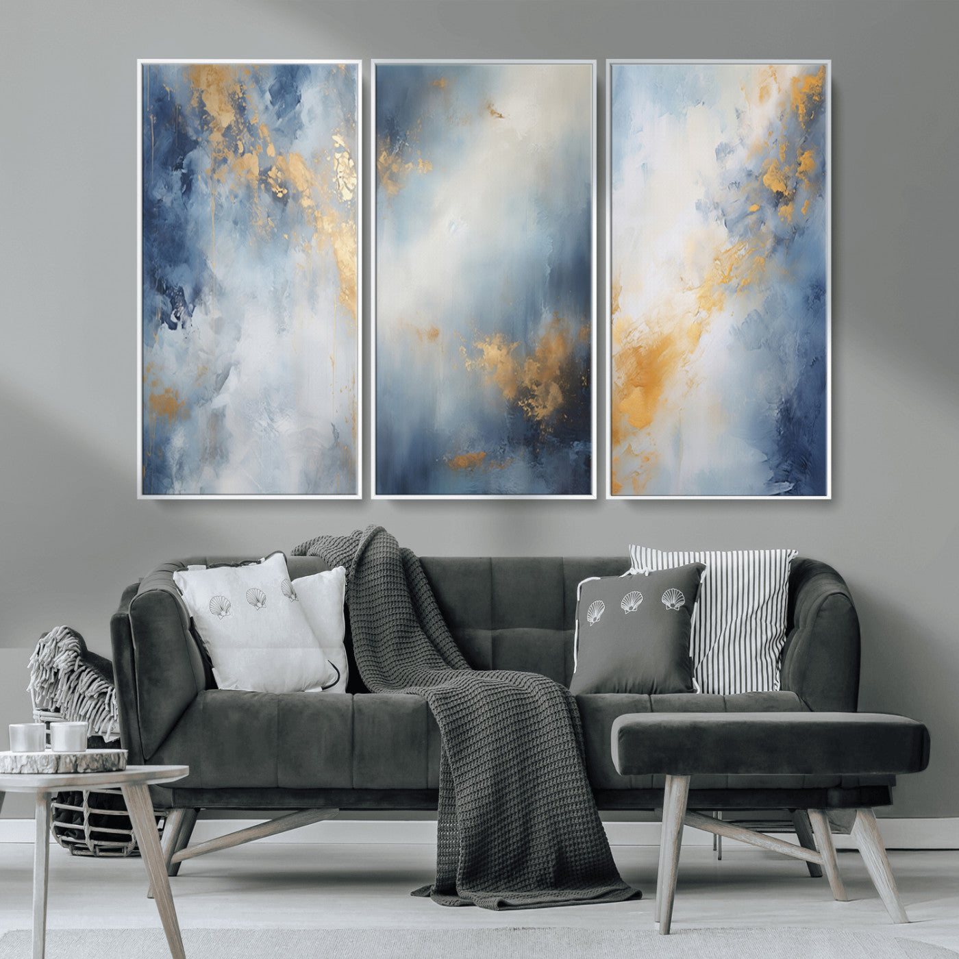 41836-MGV-CV-36X24-Abstract Gold Wall Art Canvas Print, Framed Blue Layers Art Picture Print, Elegant Cloud Perfect Elegant Minimalist Decor Artwork