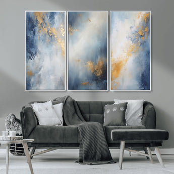 41836-MGV-CV-36X24-Abstract Gold Wall Art Canvas Print, Framed Blue Layers Art Picture Print, Elegant Cloud Perfect Elegant Minimalist Decor Artwork
