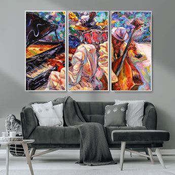 13675-MGV-CV-36X24-Jazz Band Wall Art Canvas Print, Framed Jazz Oil Painting Art Picture Print, Vibrant Music Perfect Abstract Musical Decor Artwork