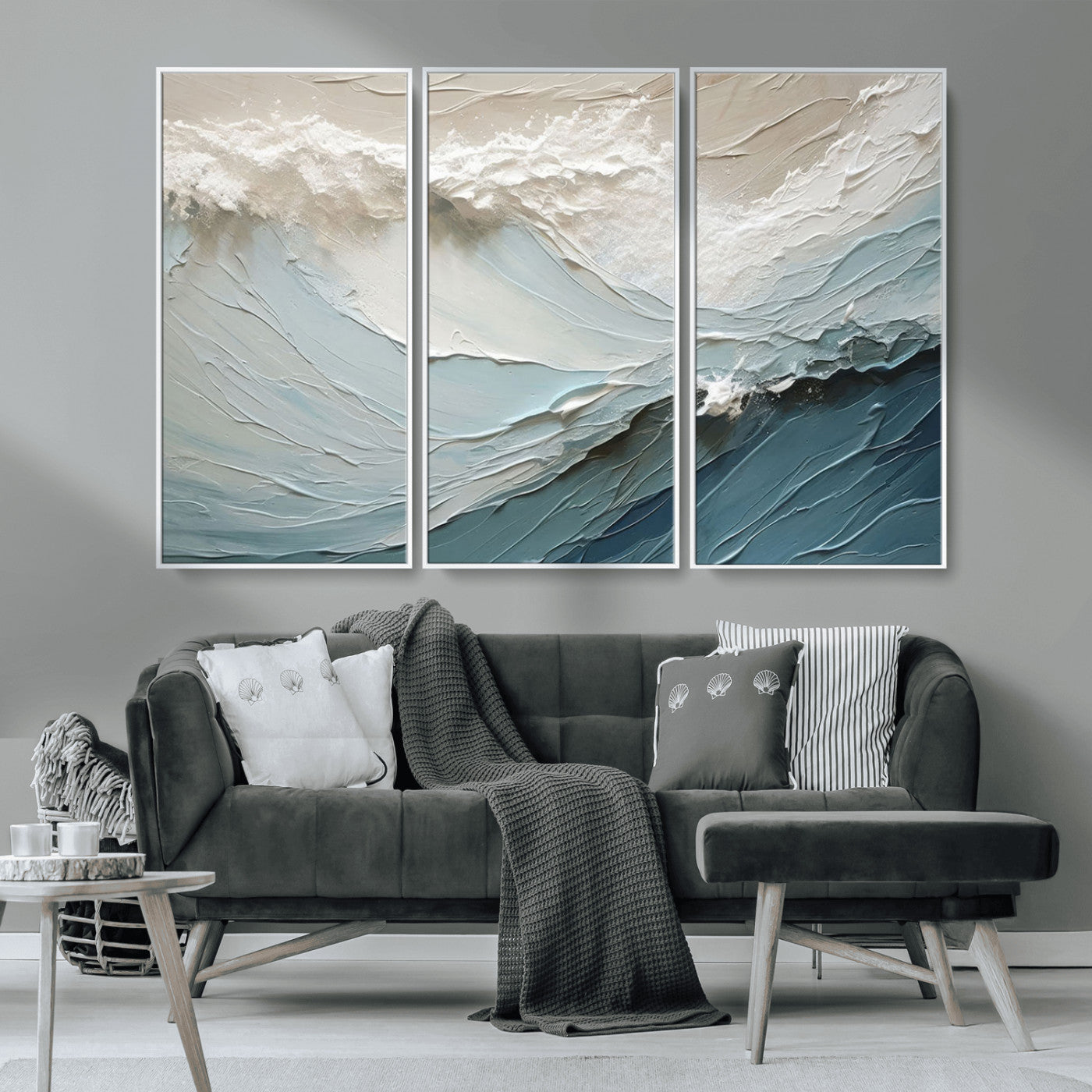 53646-MGV-CV-36X24-Ocean Wave Wall Art Canvas Print, Framed Textured Seascape Art Picture Print, Modern Ocean Perfect Minimal Coastal 2/2 Decor