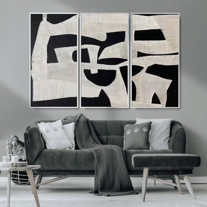 33714-MGV-CV-36X24-Monochrome Design Wall Art Canvas Print, Framed Modern Linework Art Picture Print, Textured Shapes Perfect Monochrome Modern Decor